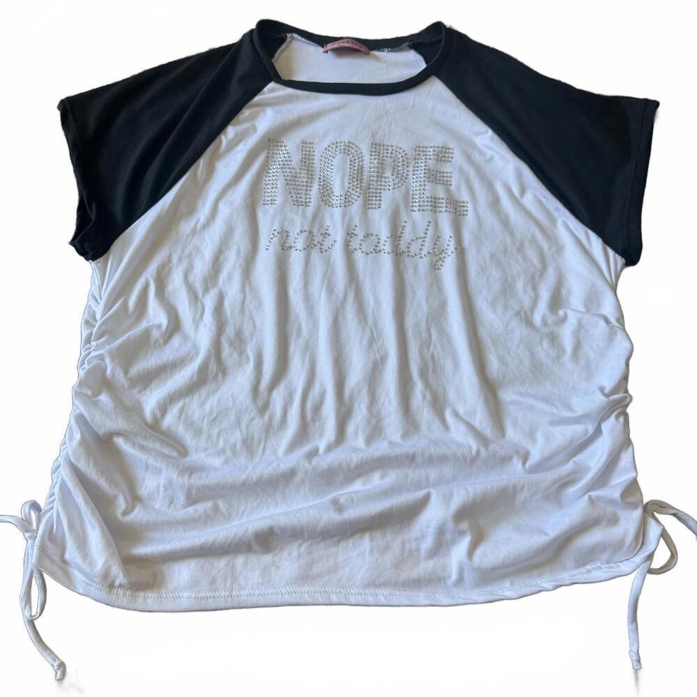 Ragdoll Rhinestone Graphic Raglan Baby Tee Ruched White S Y2K